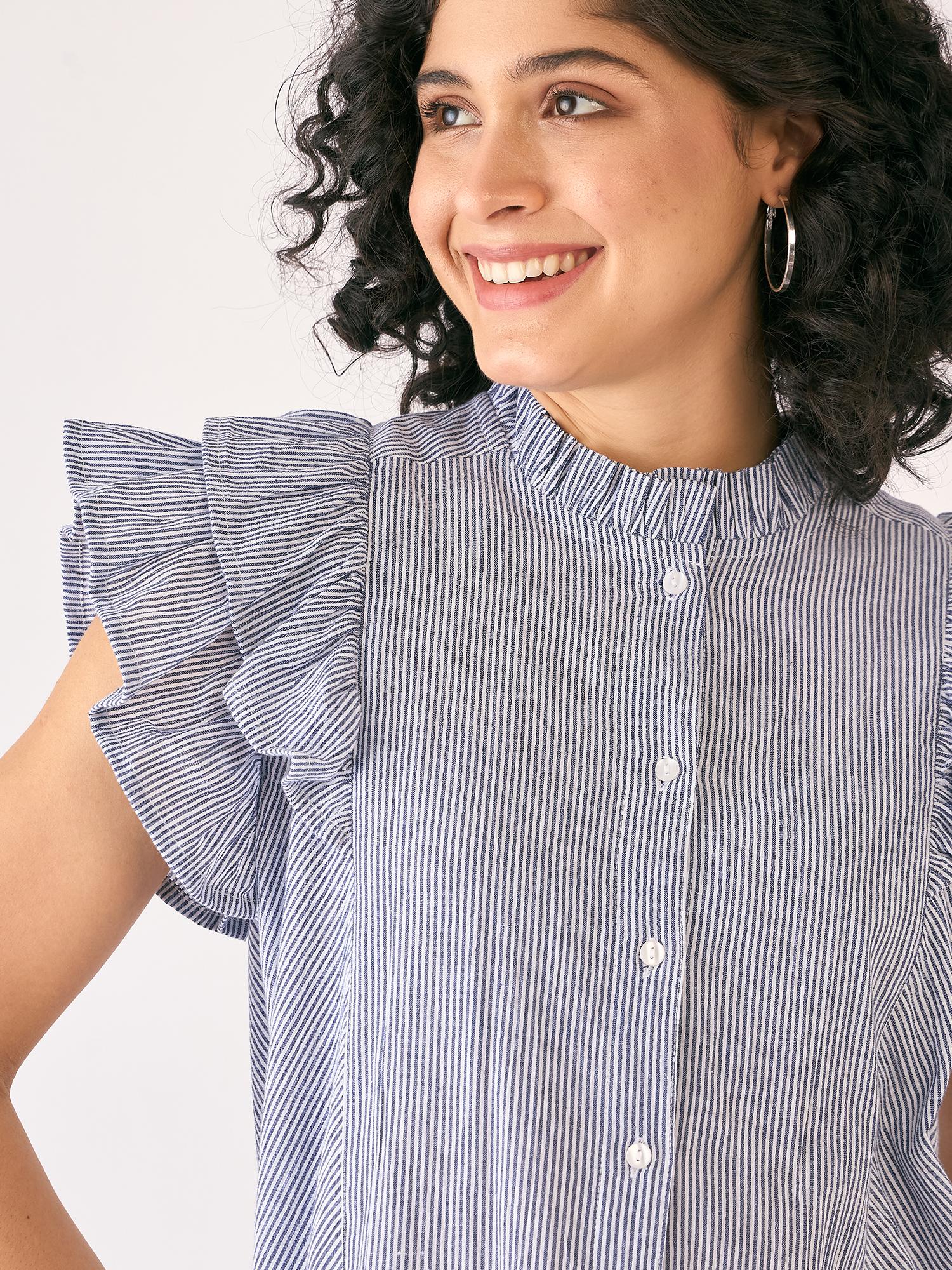 Sailor Striped Ruffled Button Down Top-White/Blue