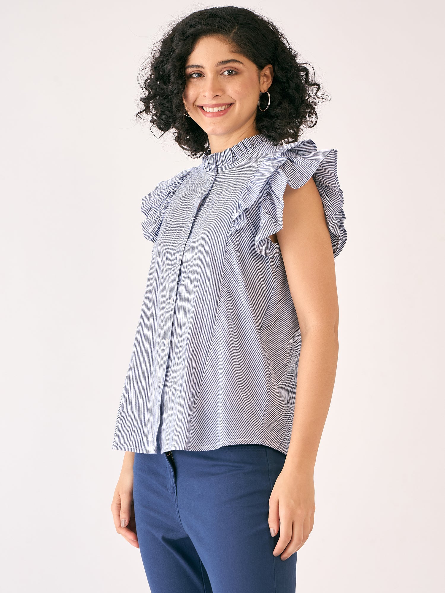 Sailor Striped Ruffled Button Down Top-White/Blue