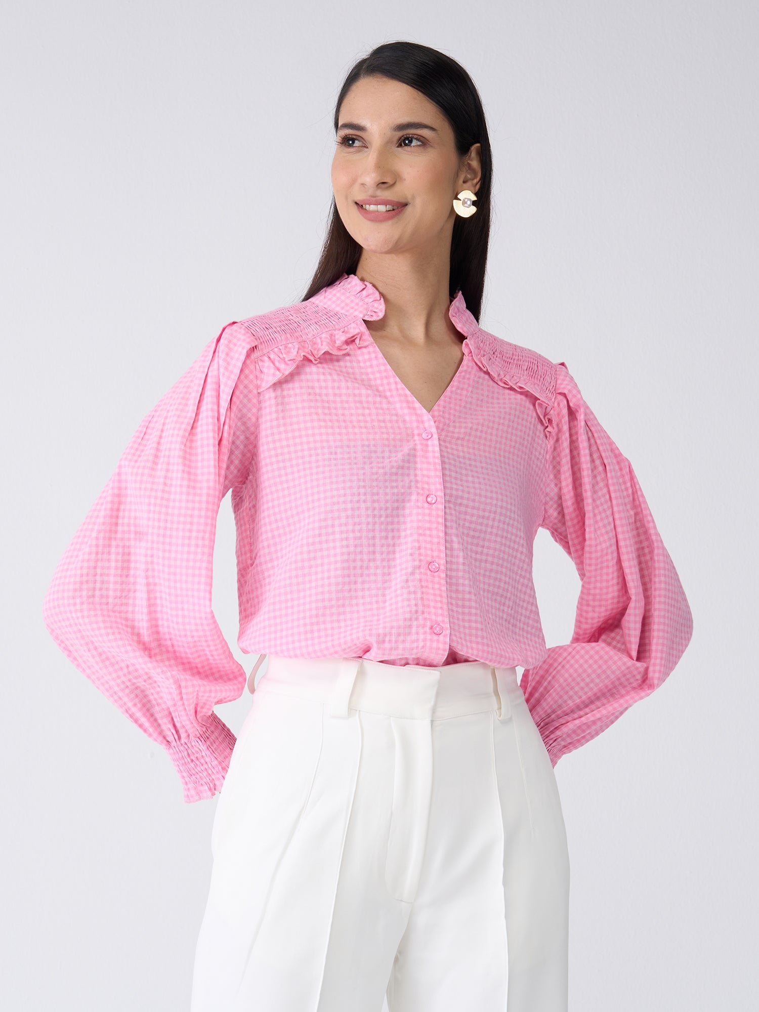 Mabel Gingham Button Down Top-Pink