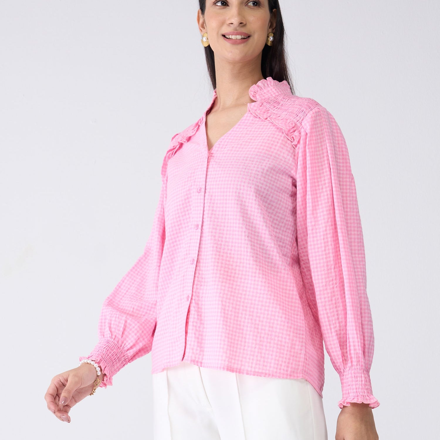 Mabel Gingham Button Down Top-Pink