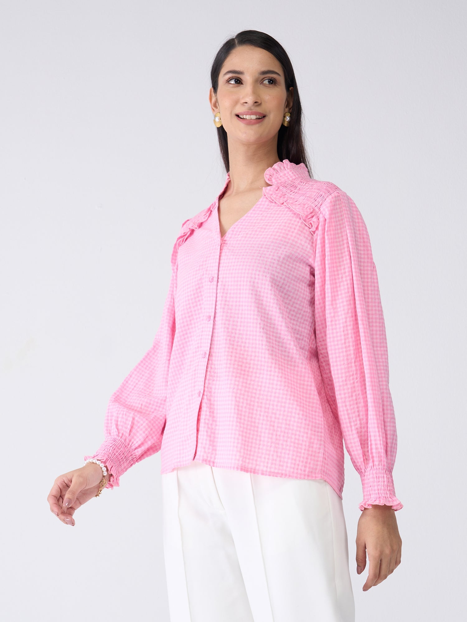 Mabel Gingham Button Down Top-Pink