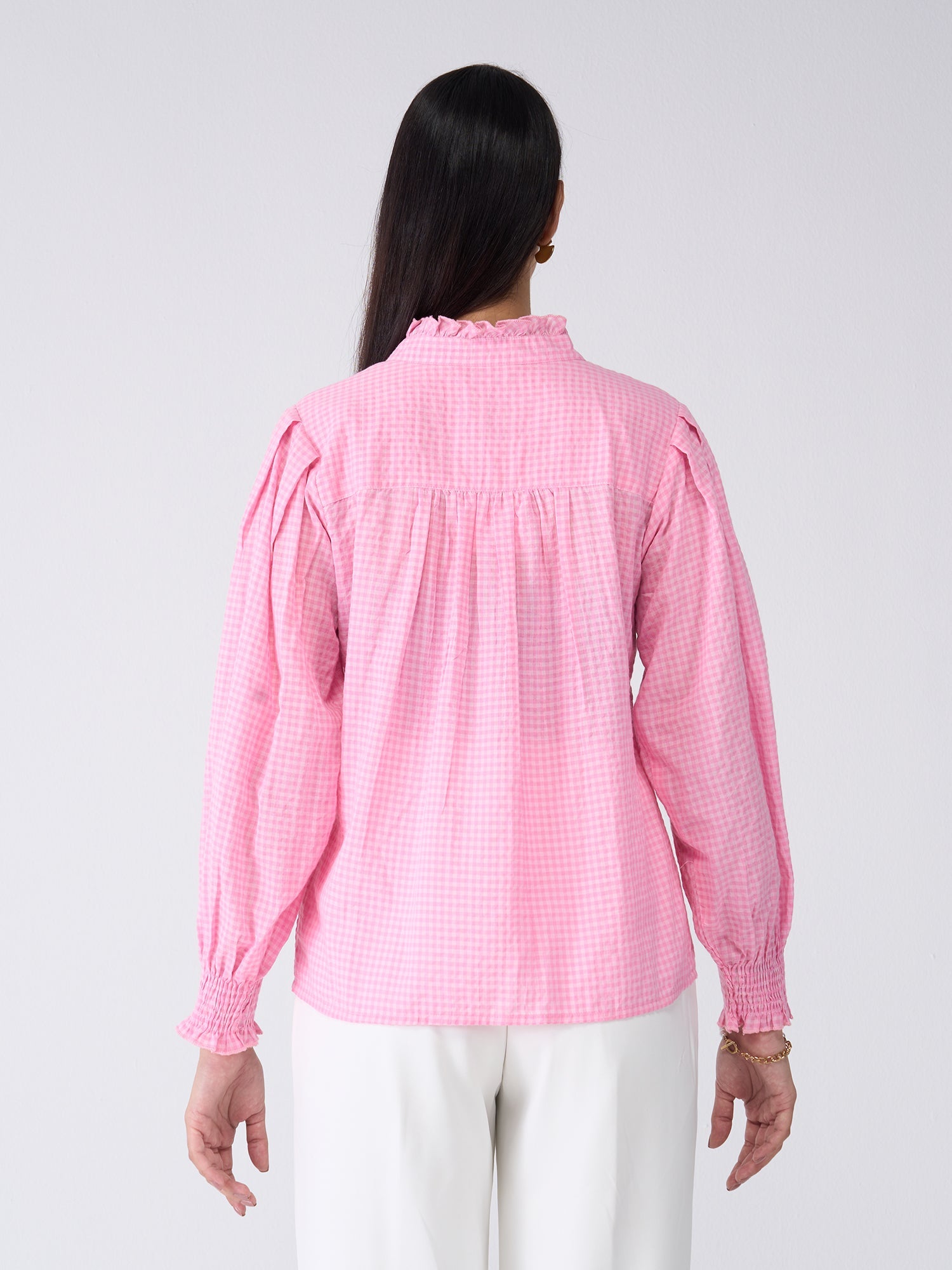 Mabel Gingham Button Down Top-Pink