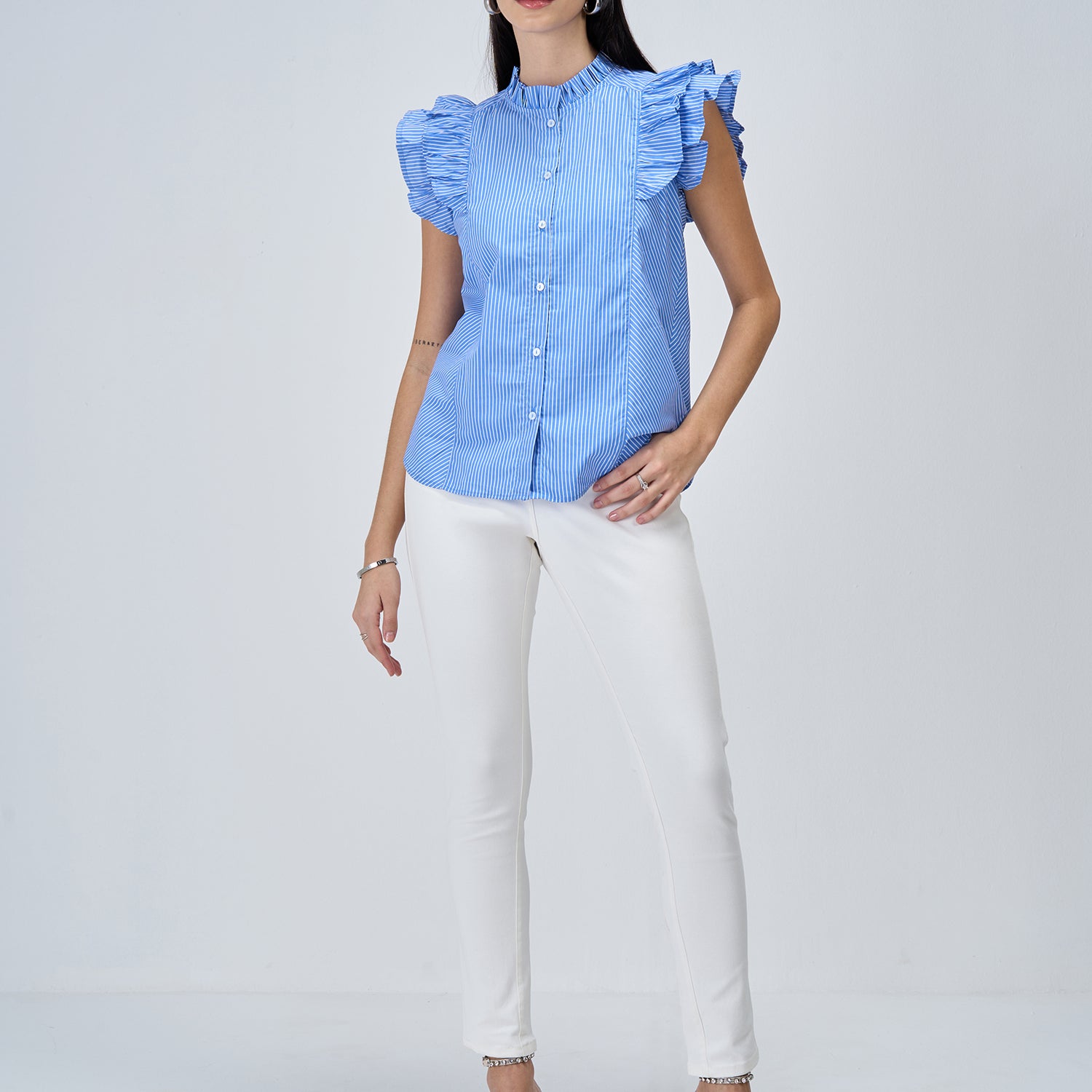 Aquarelle Striped Ruffled Button Down Top - Blue & White