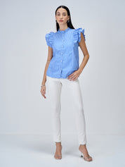 Aquarelle Striped Ruffled Button Down Top - Blue & White