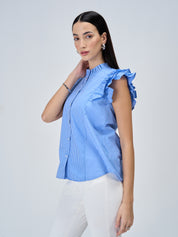 Aquarelle Striped Ruffled Button Down Top - Blue & White