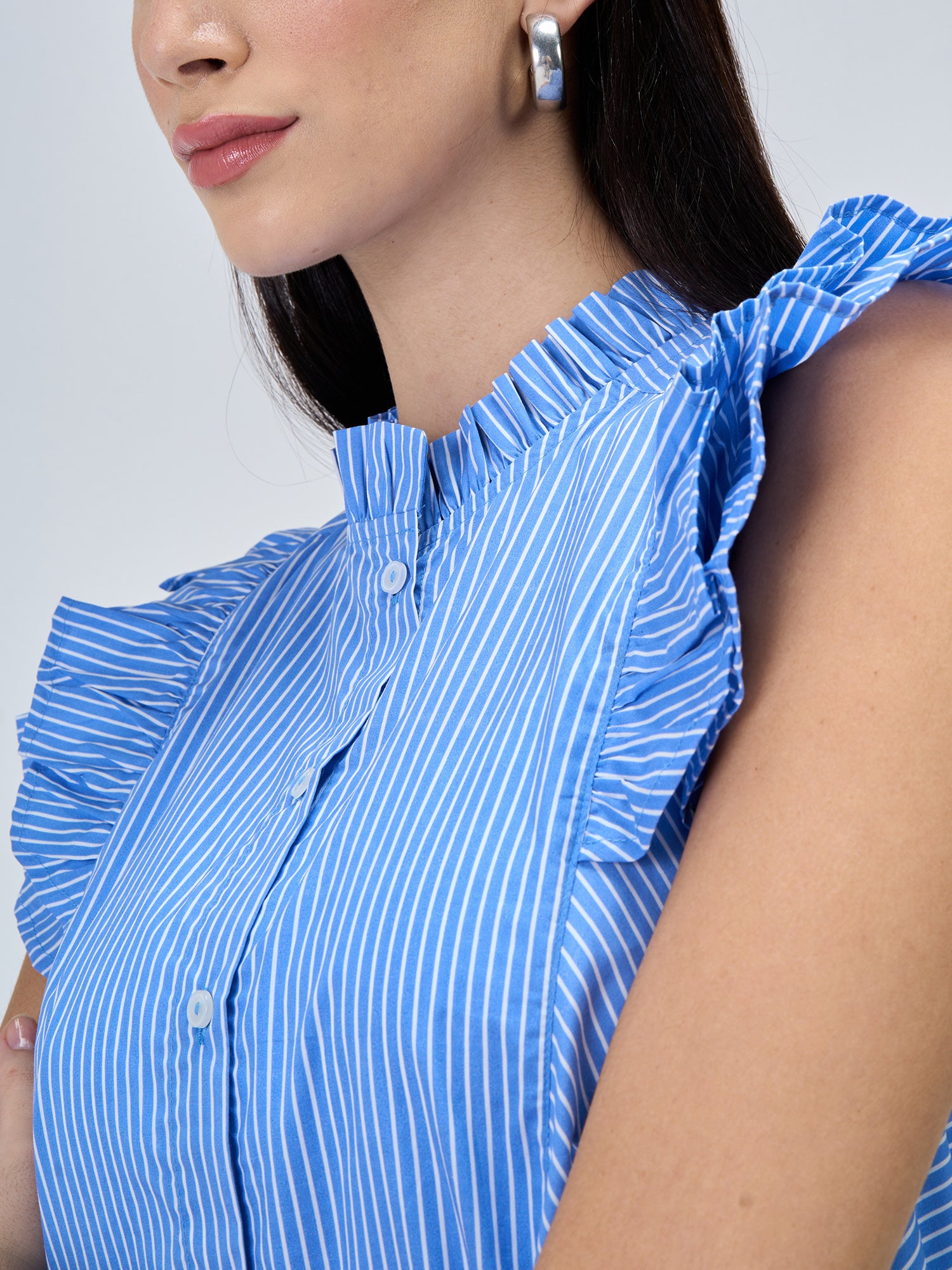 Aquarelle Striped Ruffled Button Down Top - Blue & White