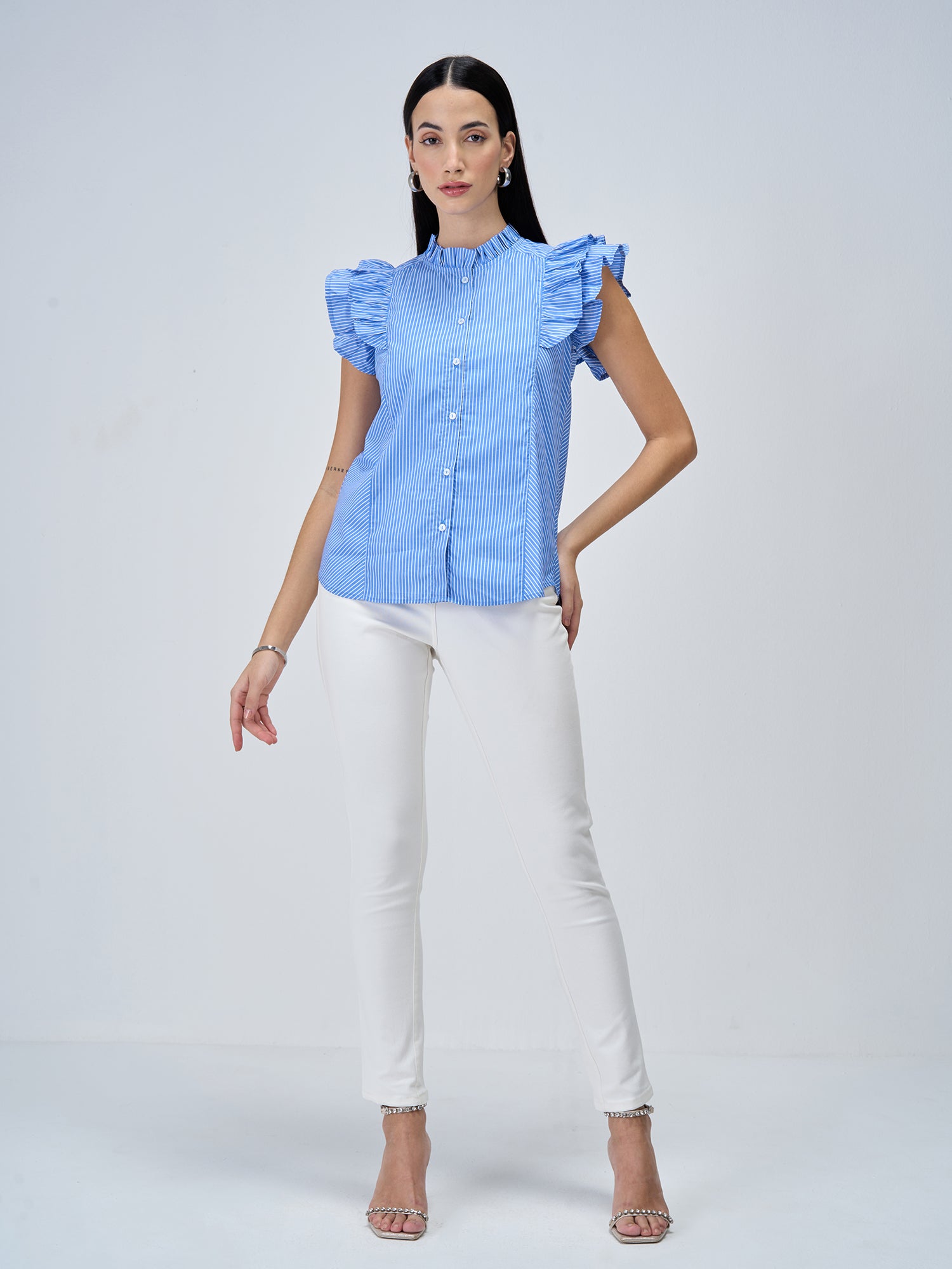 Aquarelle Striped Ruffled Button Down Top - Blue & White