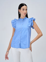 Aquarelle Striped Ruffled Button Down Top - Blue & White