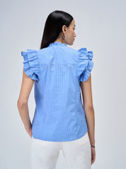 Aquarelle Striped Ruffled Button Down Top - Blue & White