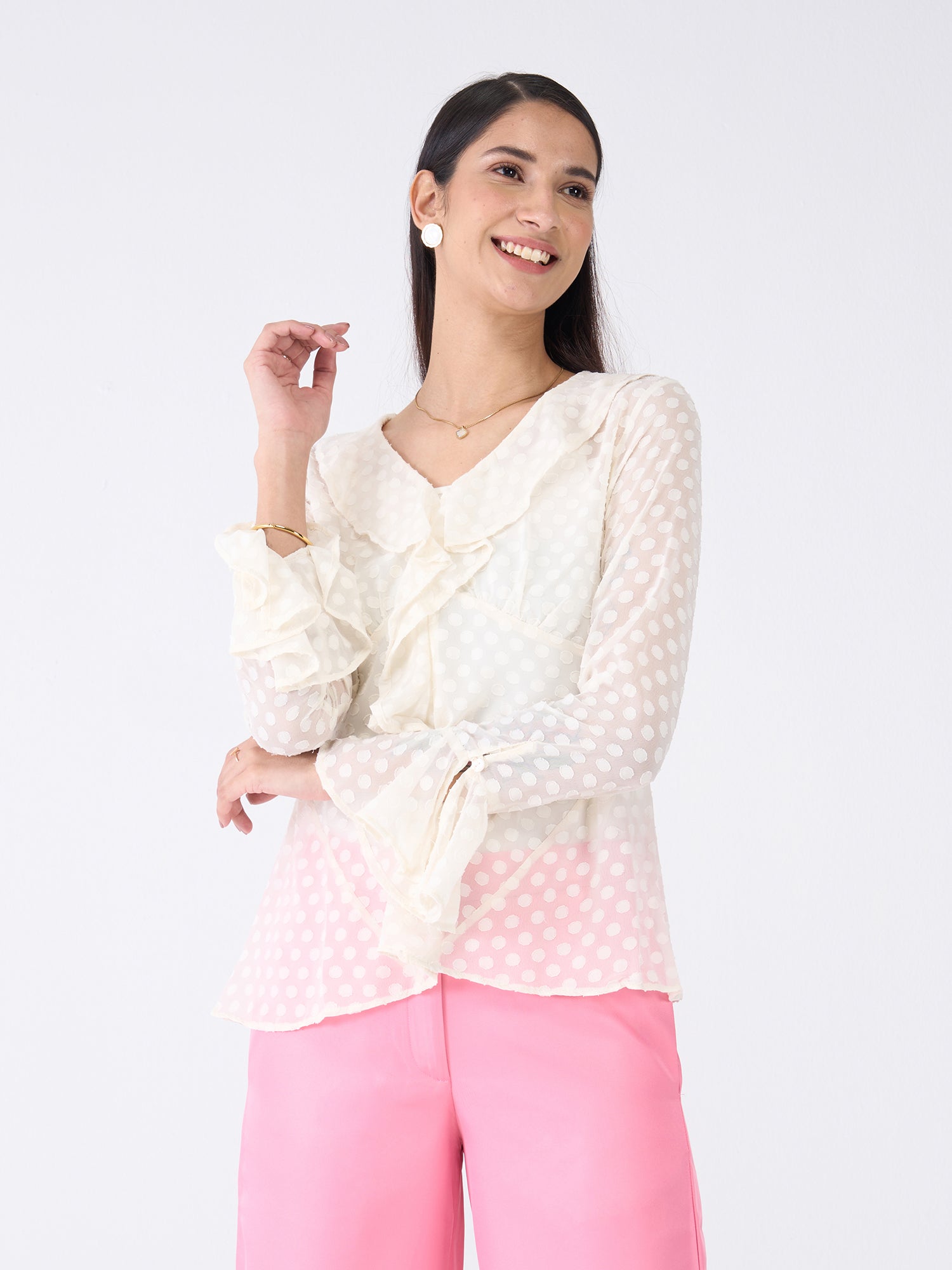 Cassy Polka Ruffled Neckline Top-White