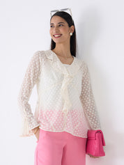 Cassy Polka Ruffled Neckline Top-White