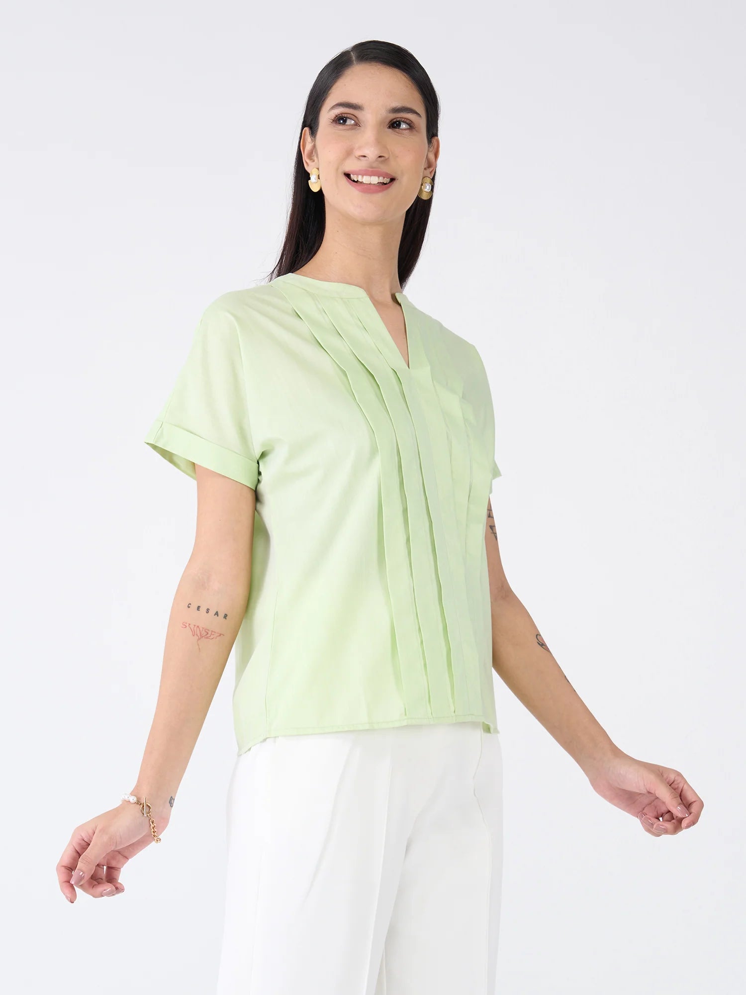 Mulled Wine Pleated Top-Fresh Green