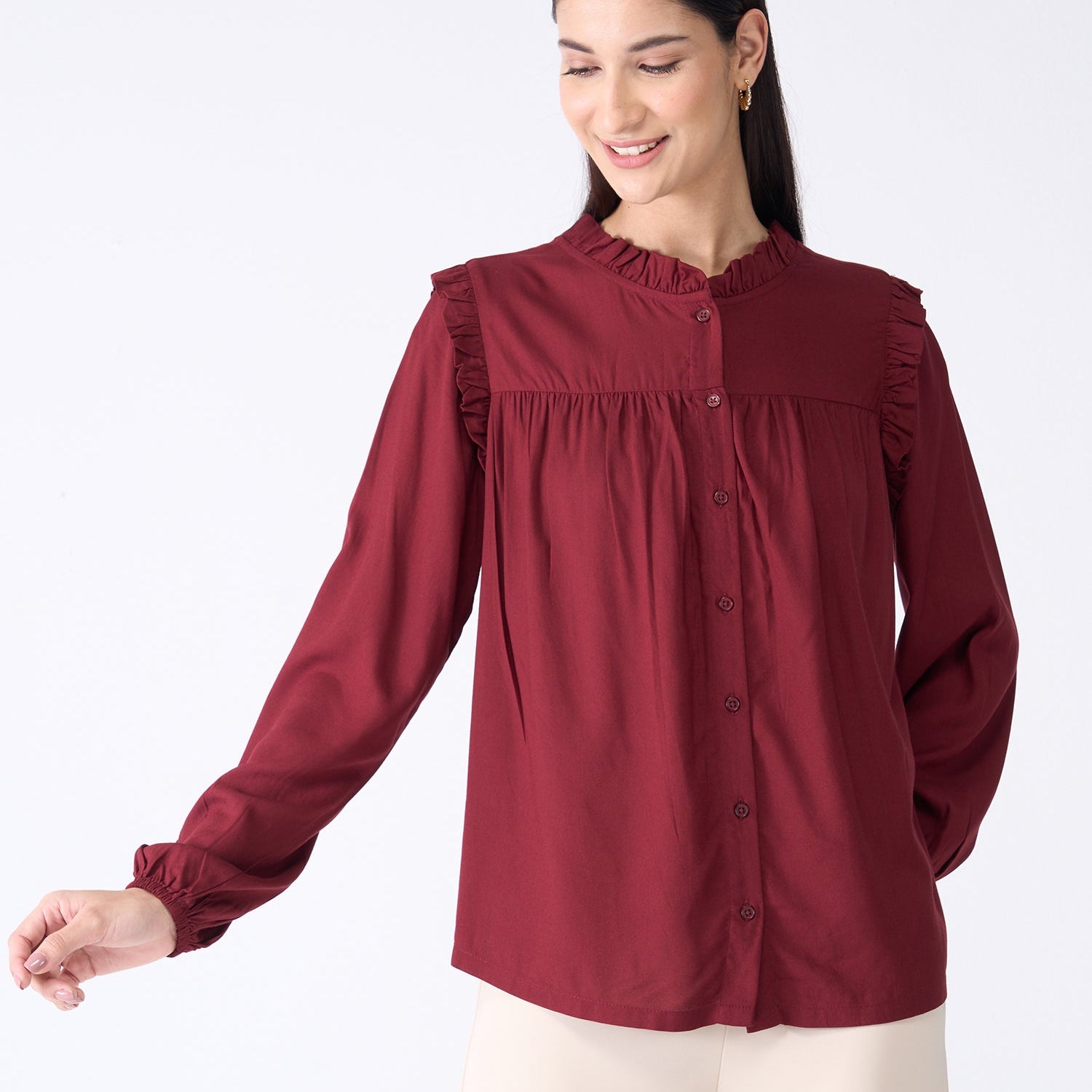 Rosy Ruffled Neckline Top-Maroon