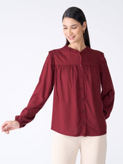 Rosy Ruffled Neckline Top-Maroon