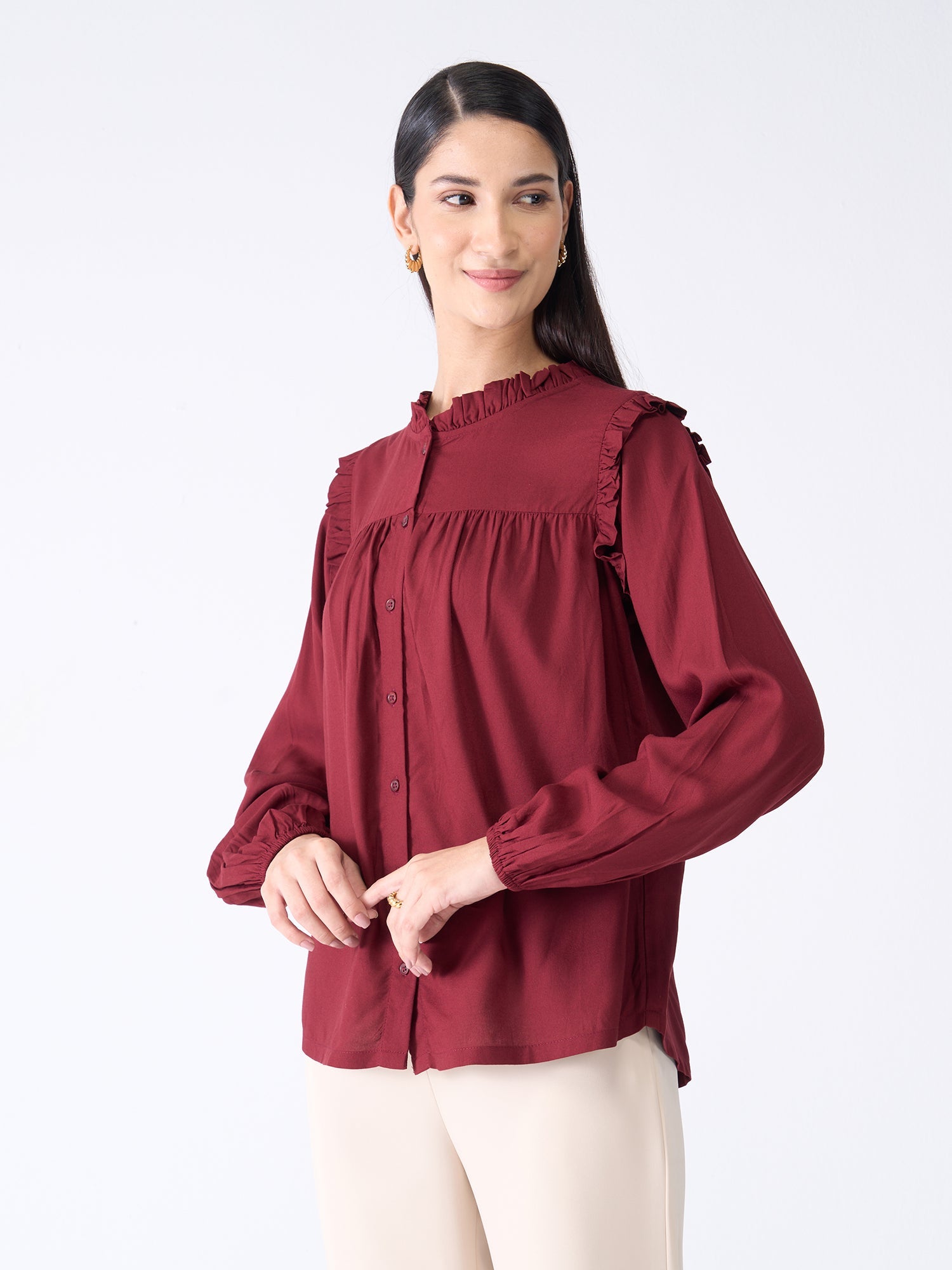 Rosy Ruffled Neckline Top-Maroon