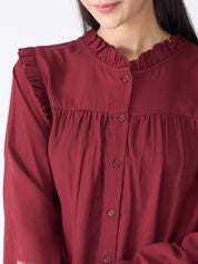 Rosy Ruffled Neckline Top-Maroon