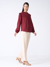 Rosy Ruffled Neckline Top-Maroon