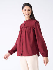 Rosy Ruffled Neckline Top-Maroon