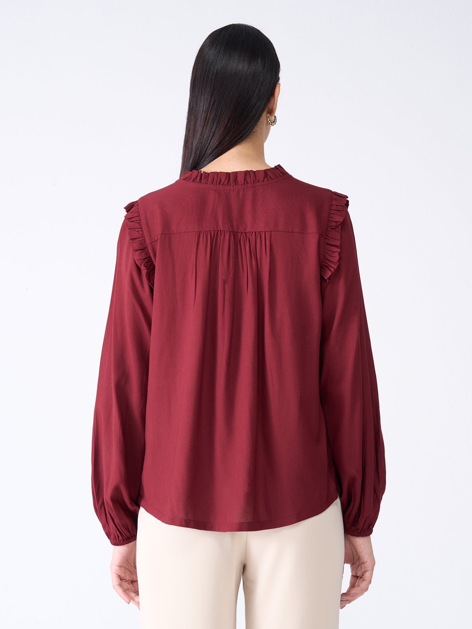 Rosy Ruffled Neckline Top-Maroon