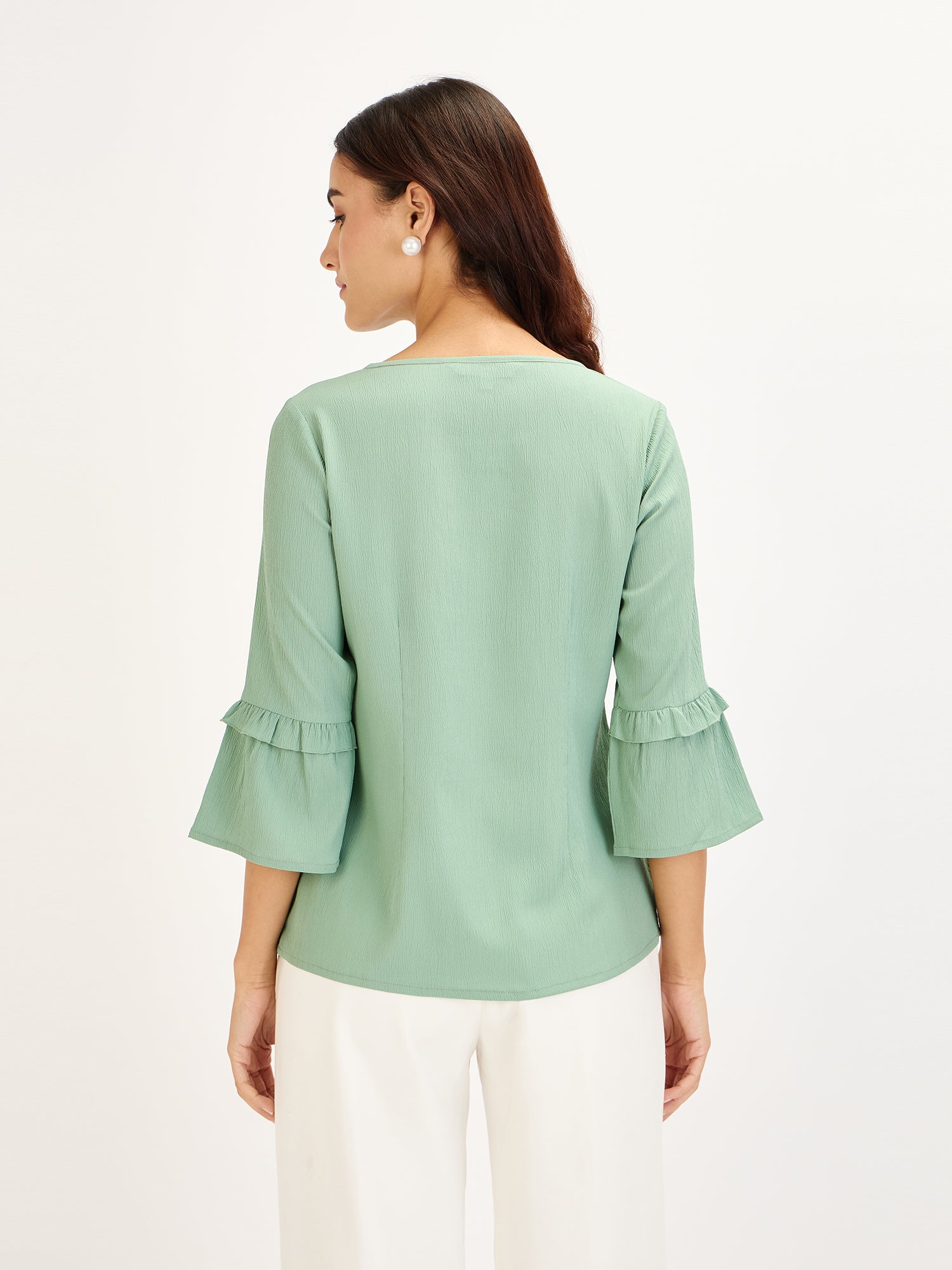 Fig Fizz-Mint Flounced Sleeves Top - Mint