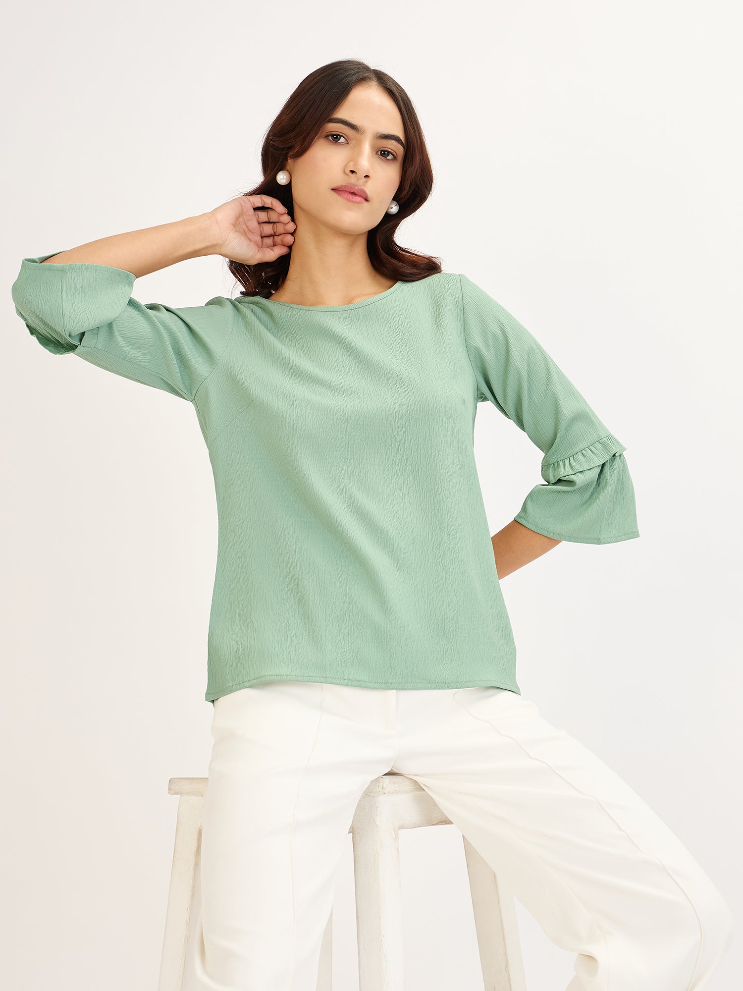 Fig Fizz-Mint Flounced Sleeves Top - Mint