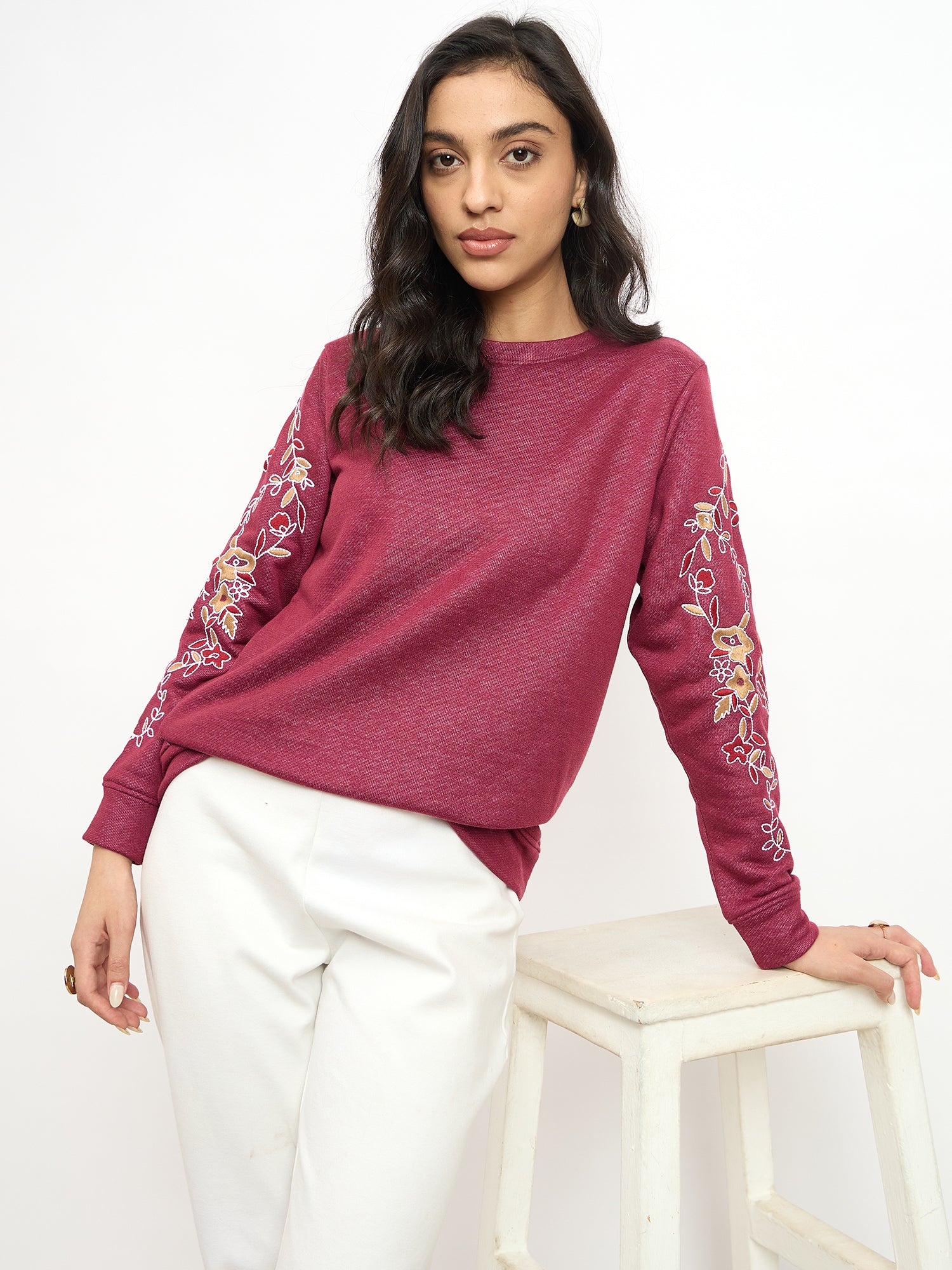 Vinia Embroidered Sleeve Sweatshirt - Wine