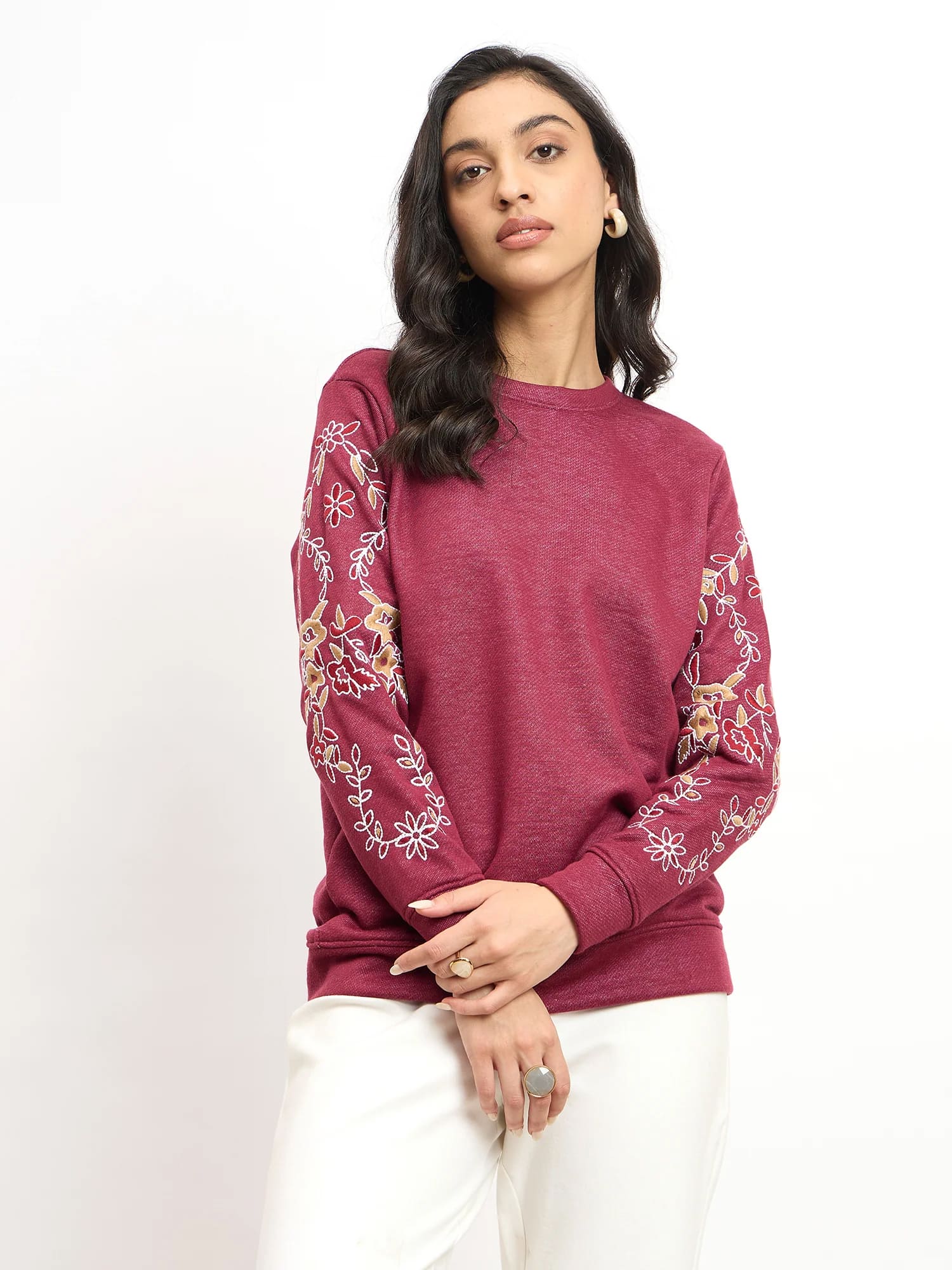 Vinia Embroidered Sleeve Sweatshirt - Wine