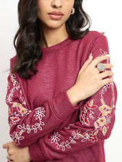 Vinia Embroidered Sleeve Sweatshirt - Wine