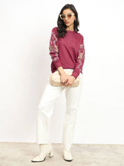 Vinia Embroidered Sleeve Sweatshirt - Wine