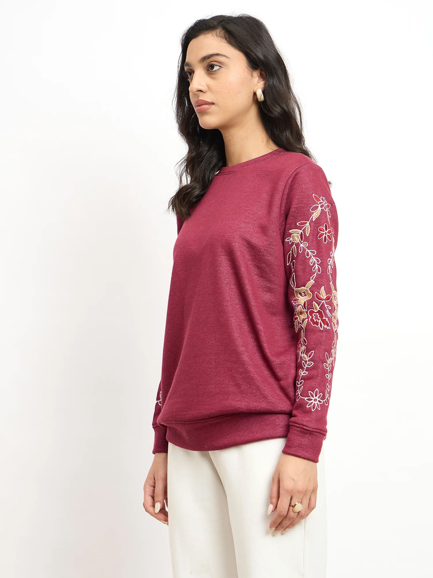 Vinia Embroidered Sleeve Sweatshirt - Wine