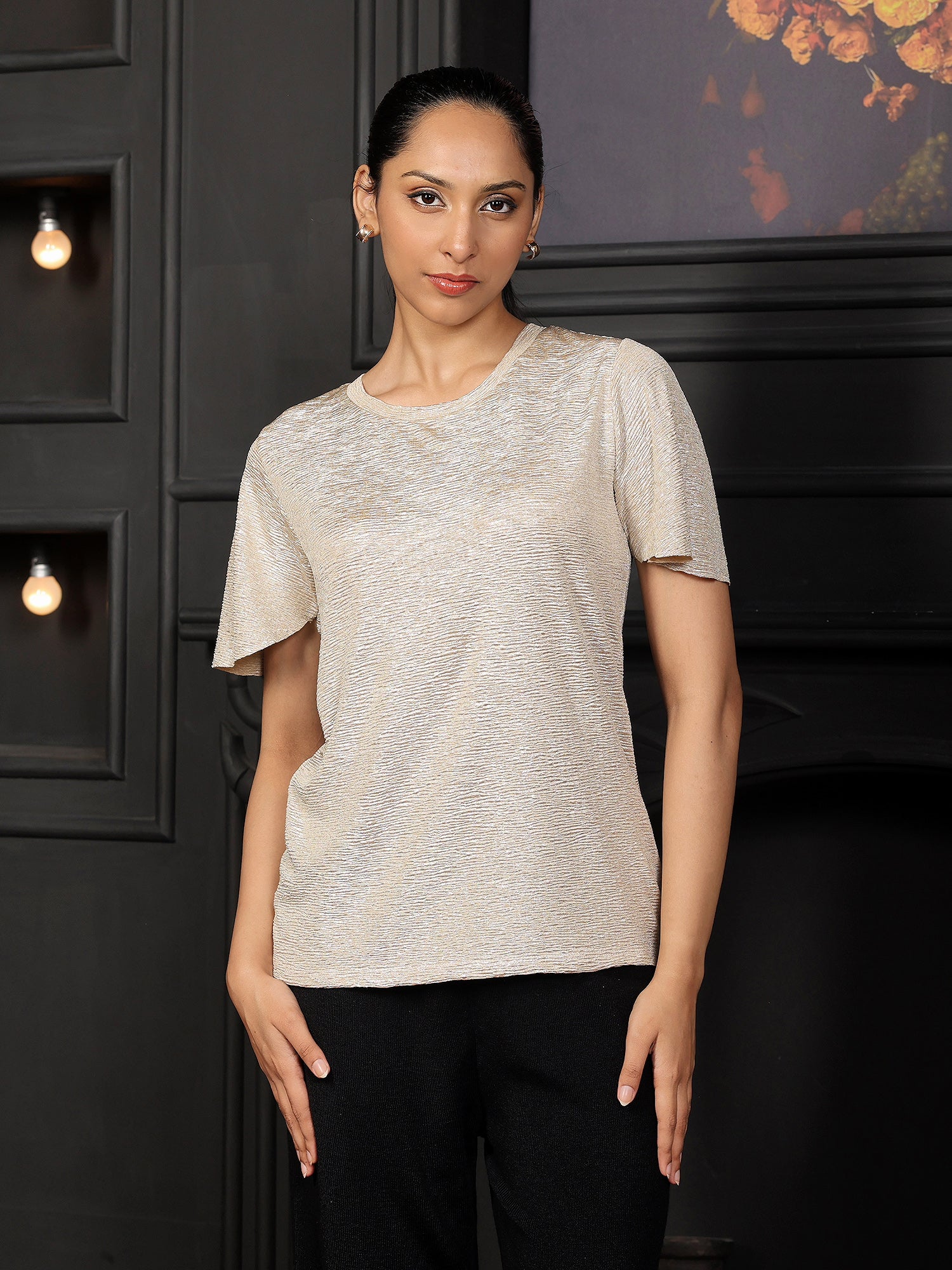 Zina Flared Sleeve Plisse Top - Gold