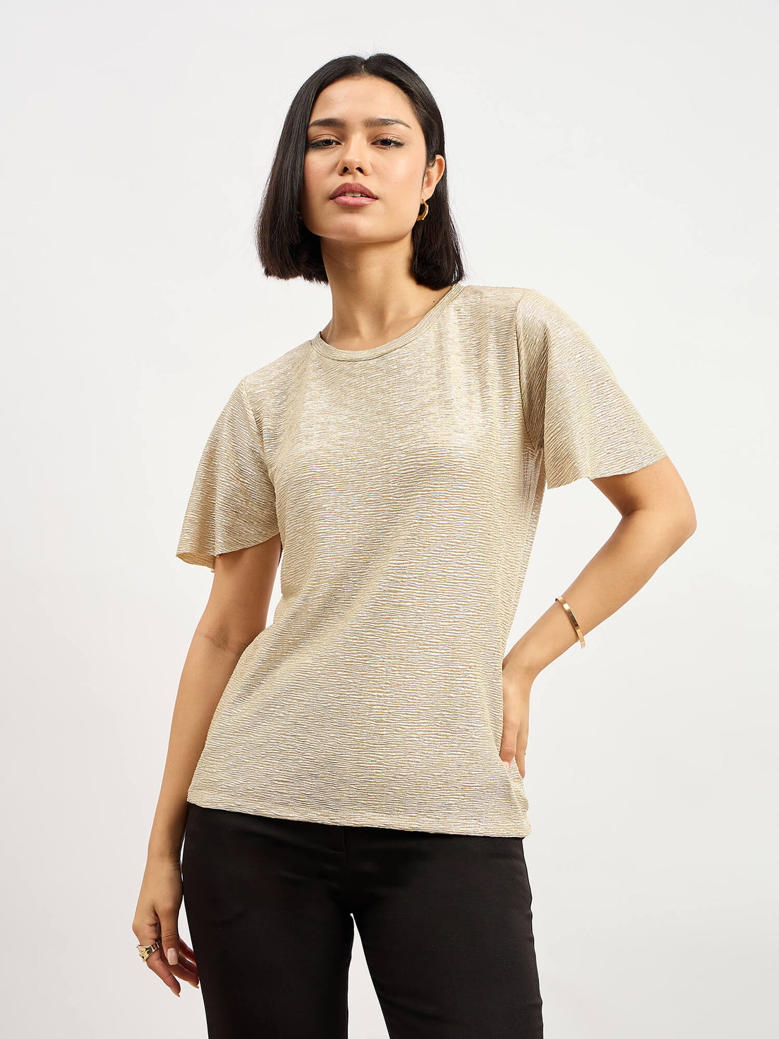 Zina Flared Sleeve Plisse Top - Gold