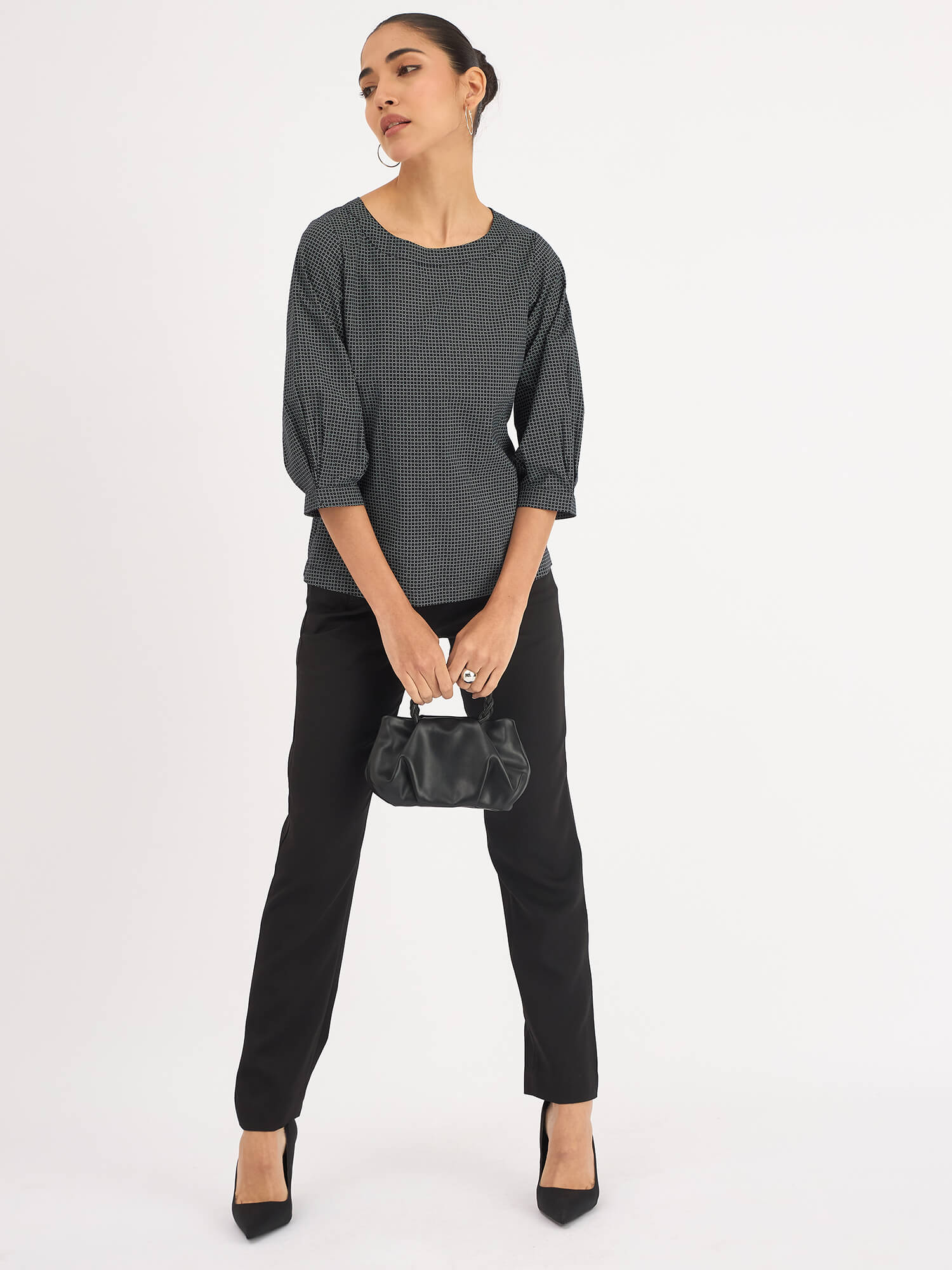 Nectarine Puffed Sleeves Top - Black Geo - SALT Attire