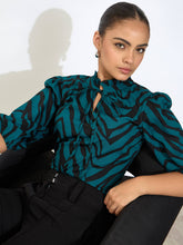 Zebi Tie-up Ruffled Neck Top-Green & Black
