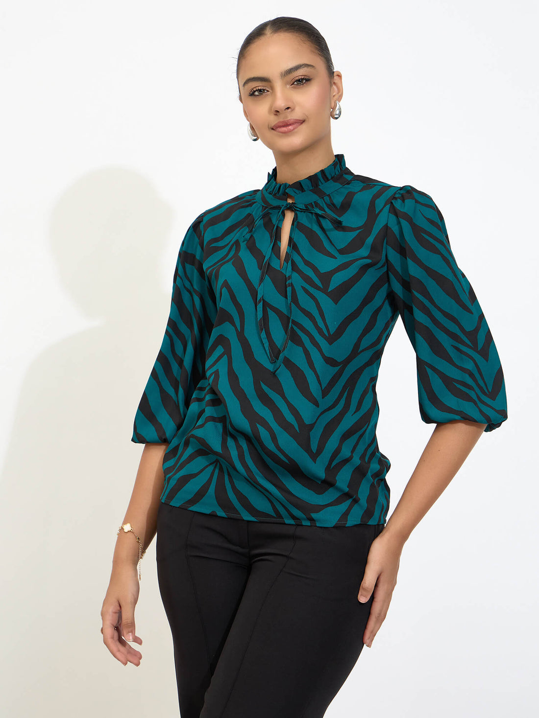 Zebi Tie-up Ruffled Neck Top-Green &amp; Black