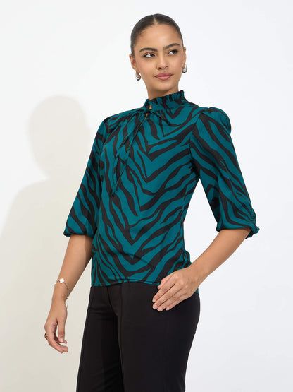 Zebi Tie-up Ruffled Neck Top-Green &amp; Black