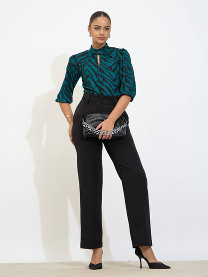 Zebi Tie-up Ruffled Neck Top-Green &amp; Black