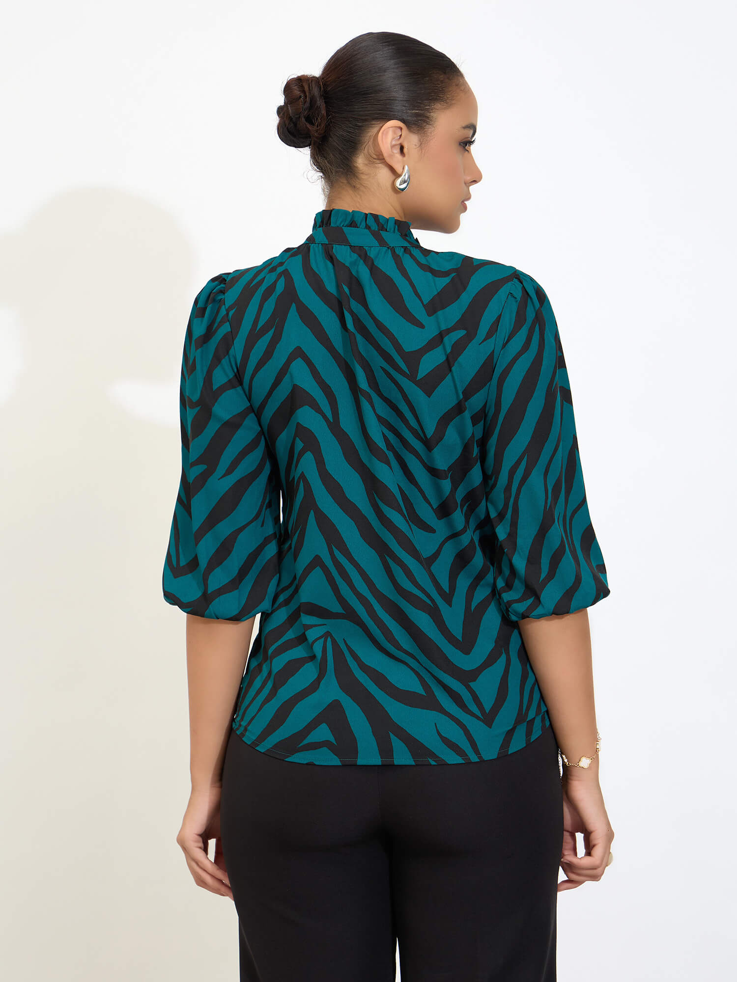 Zebi Tie-up Ruffled Neck Top-Green &amp; Black