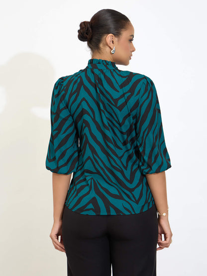 Zebi Tie-up Ruffled Neck Top-Green &amp; Black