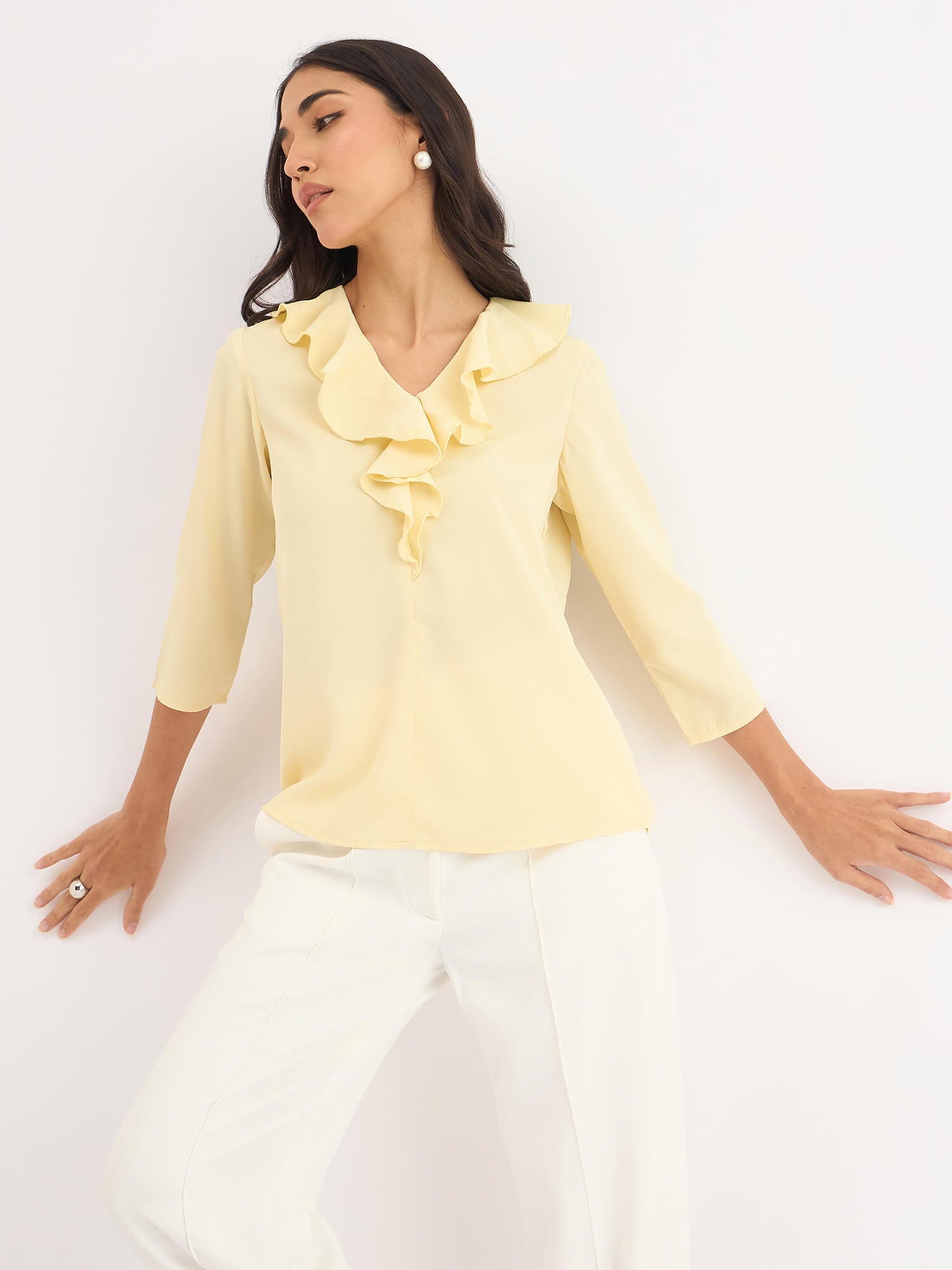 Midnight Kiss Ruffled Neckline Top-Yellow