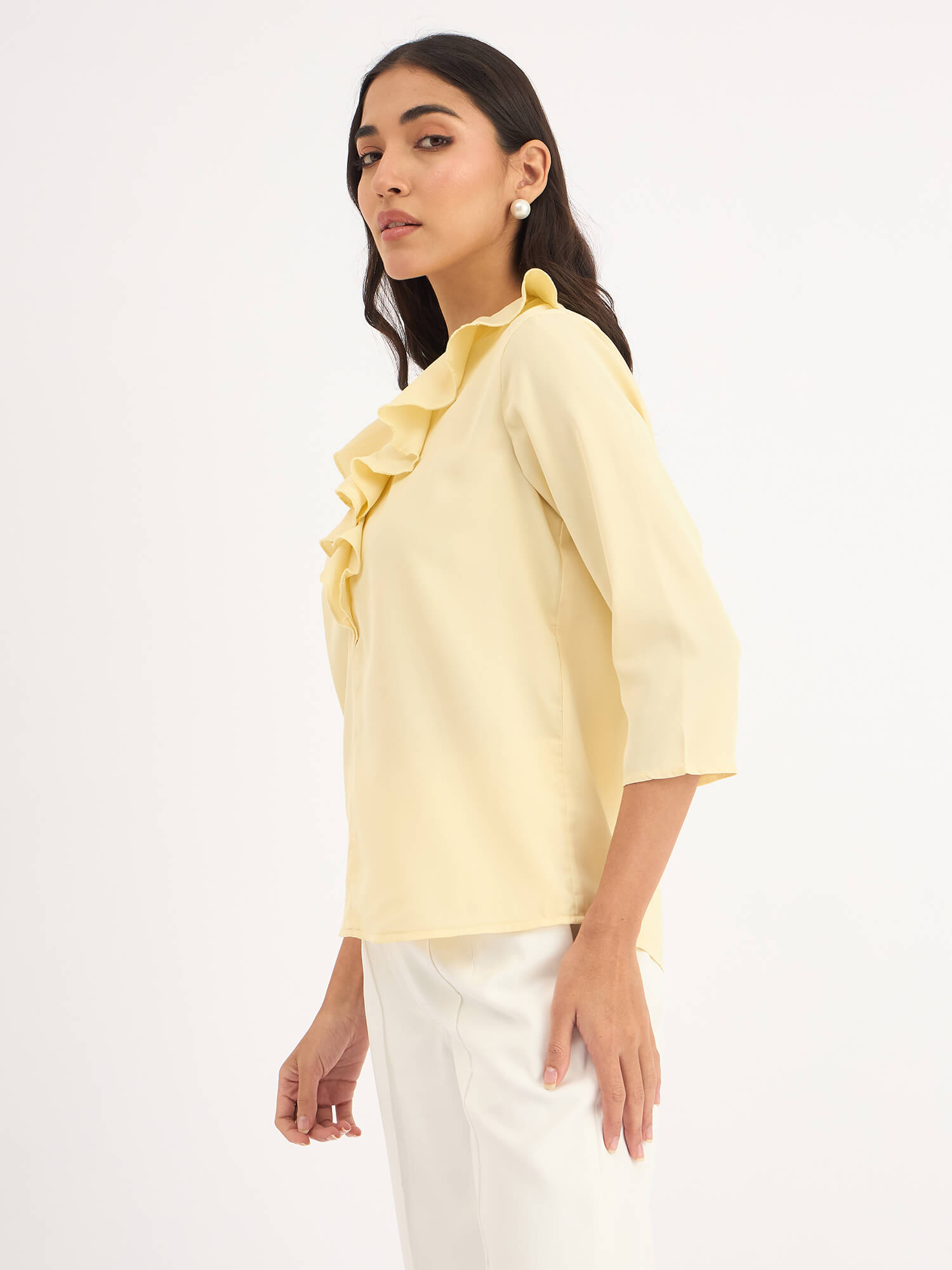 Midnight Kiss Ruffled Neckline Top-Yellow