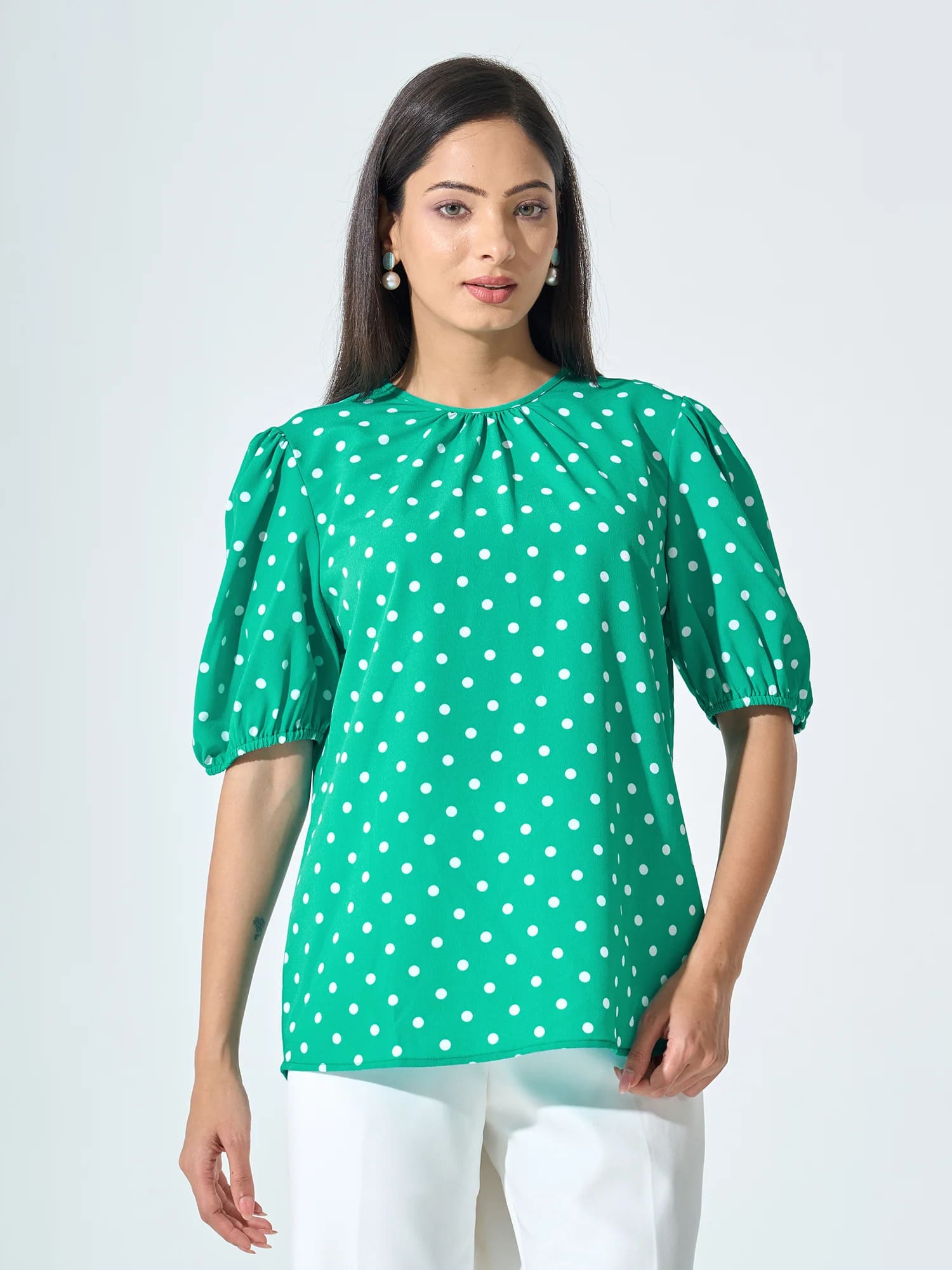 Kenny Puff Sleeve Pleated Neck Top - Green & White