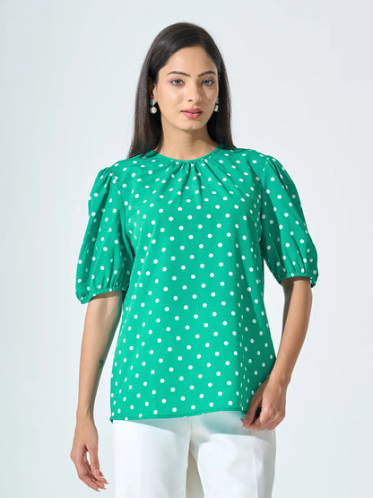 Kenny Puff Sleeve Pleated Neck Top - Green &amp; White