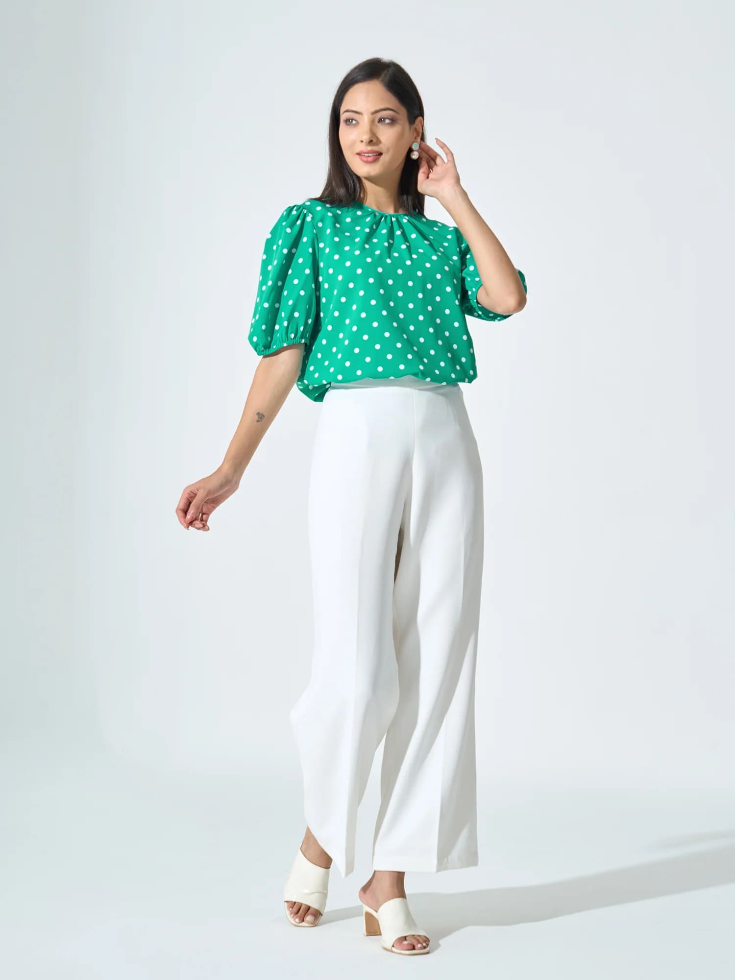 Kenny Puff Sleeve Pleated Neck Top - Green & White