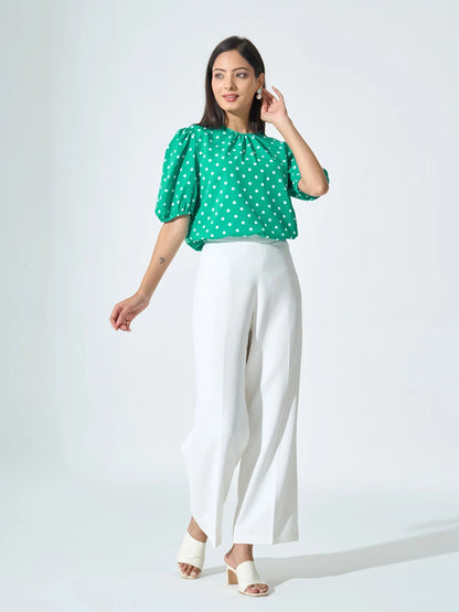 Kenny Puff Sleeve Pleated Neck Top - Green &amp; White
