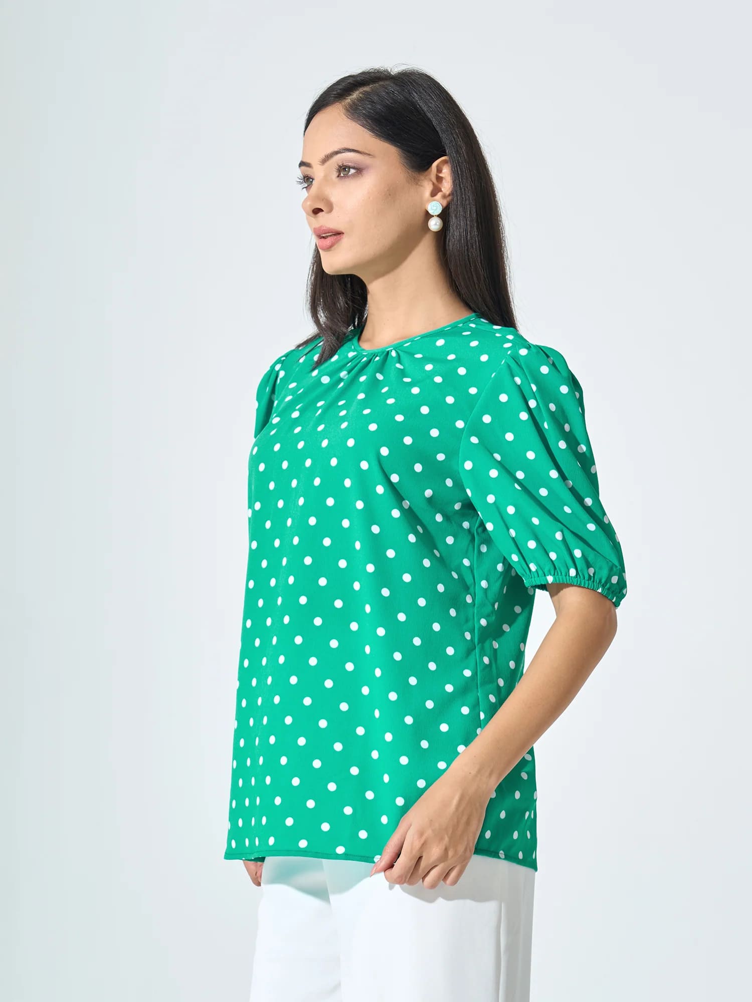 Kenny Puff Sleeve Pleated Neck Top - Green & White