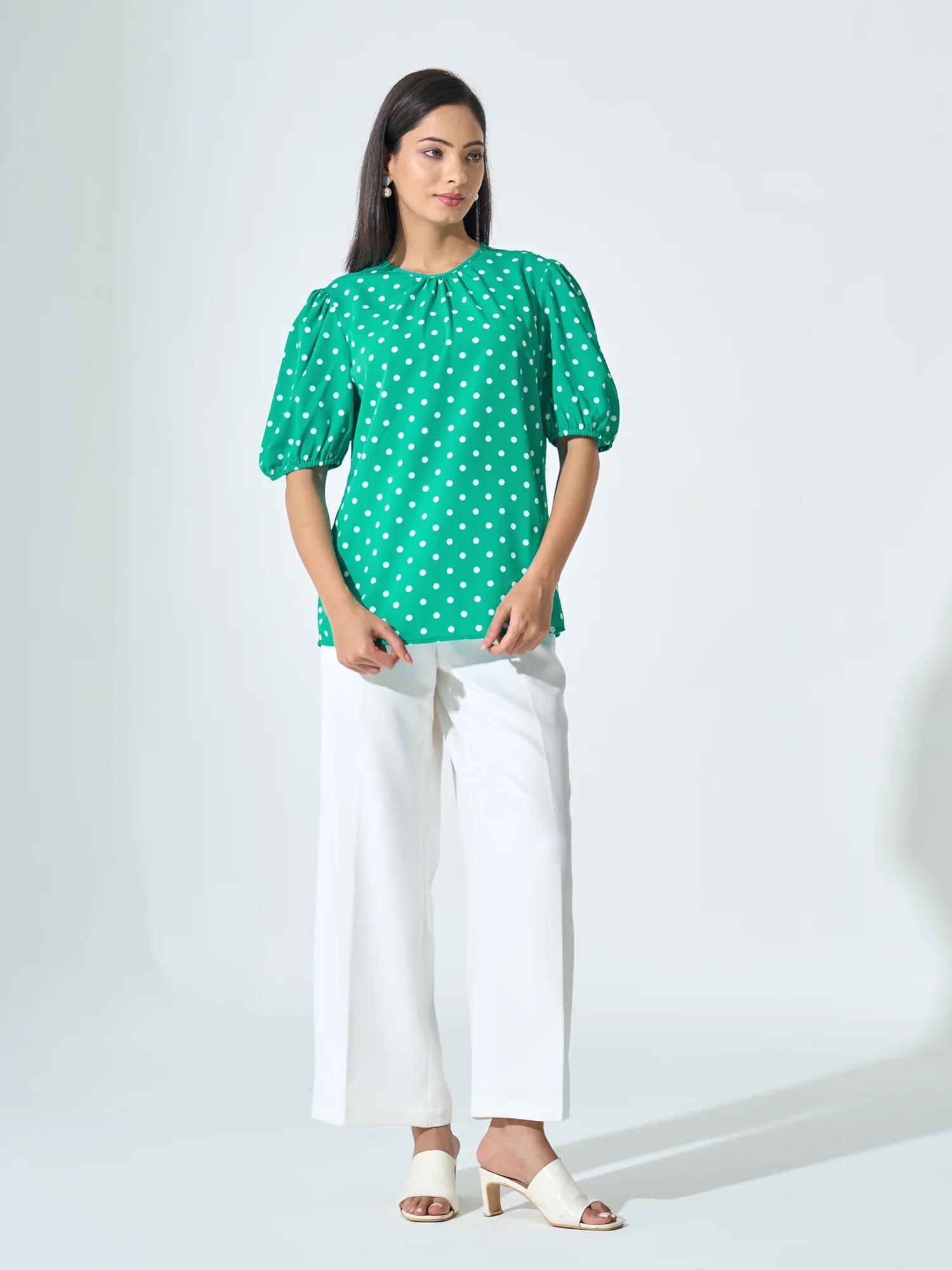 Kenny Puff Sleeve Pleated Neck Top - Green & White