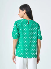 Kenny Puff Sleeve Pleated Neck Top - Green & White