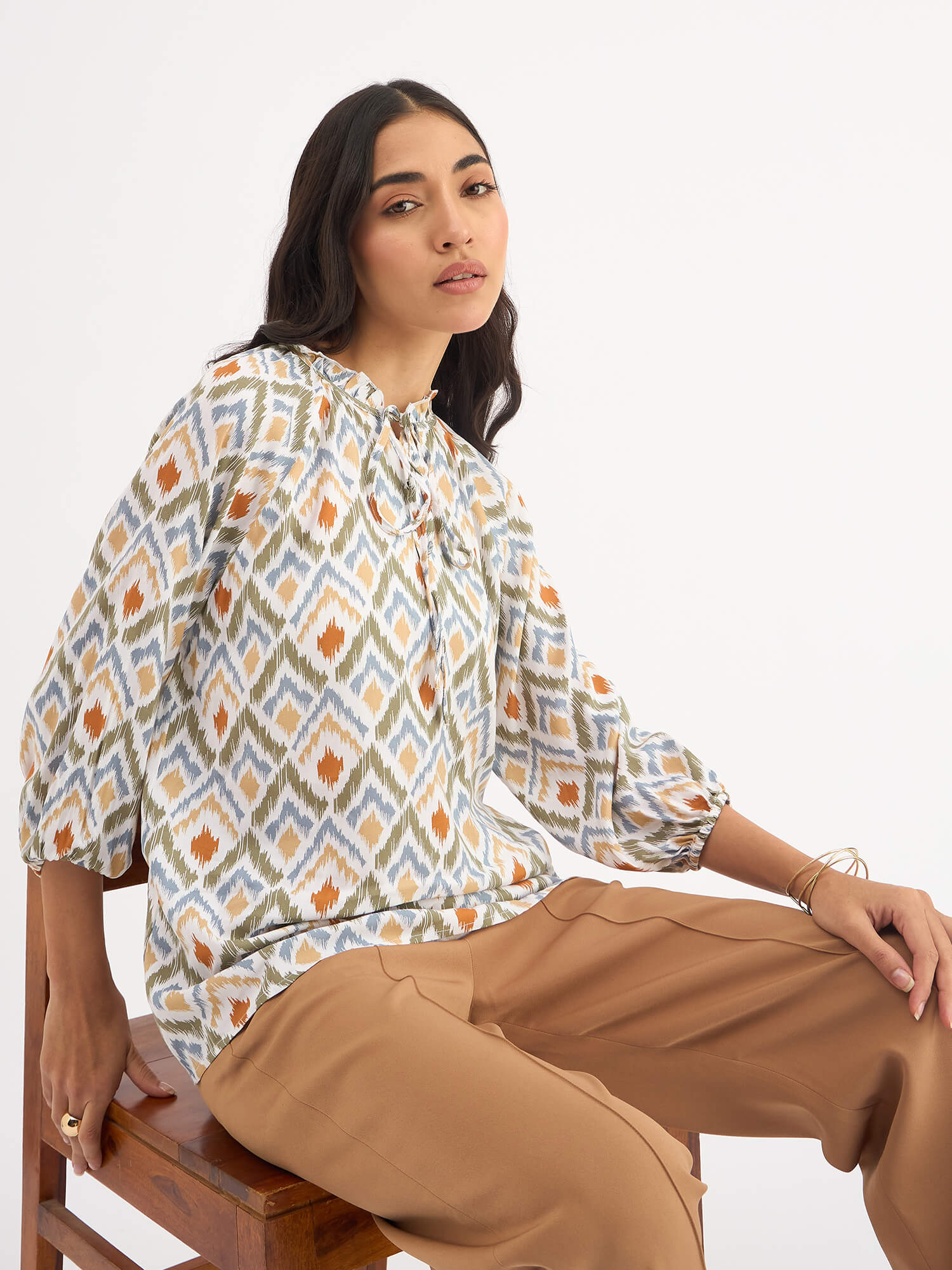 Jenna-Ikat Print Raglan Sleeve Top - Beige