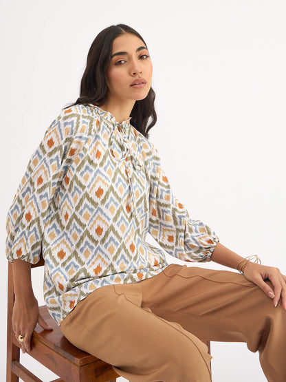 Jenna-Ikat Print Raglan Sleeve Top - Beige